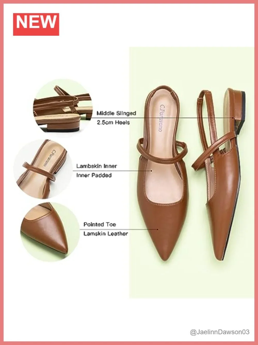 Slingback Flats for Women Pointed Toe Dressy Sandal Vegan Leather